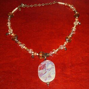 Chico’s Chunky Retro Boho Beaded Necklace with Iridescent Oval Glass Pendant